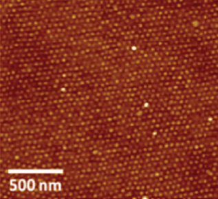 Nanodots of iron oxide were laid out in a highly ordered pattern without the use of templates. The average diameter of the particles was 25 nanometers, with regular spacing of 45 nm. (Credit: Chemical Communications)