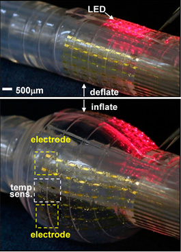 Multifunctional sensor array on an inflatable balloon catheter for minimally invasive cardiac electrophysiology, shown in its deflated (top) and inflated (bottom) state.