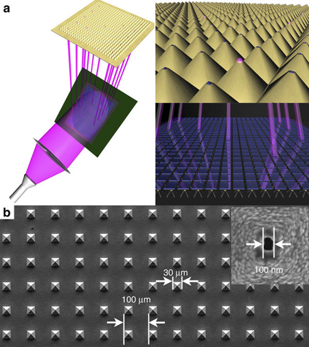 Schematic of actuated BPL. (a) Schematic of the principle of operation of actuated BPL. A digital micromirror device (DMD) is illuminated with ultraviolet light, which is selectively directed onto the back of a near-field aperture array. (b) Scanning electron microscope (SEM) image of section of the BPL tip array. Each pyramidal pen in the array has a sub-wavelength aperture that has been opened in a parallel fashion.