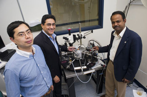 Researchers Jun Huang, Ahmed Busnaina and Sivasubramanian Somu have created an economical nano-scale inverter, an essential logic component in computer microchips. Photo by Brooks Canaday.