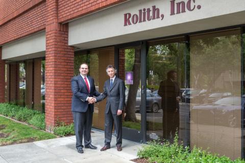 George Palikaras, Founder and CEO of MTI (left) shaking hands with Boris Kobrin, Founder and CEO Rolith Inc. 
