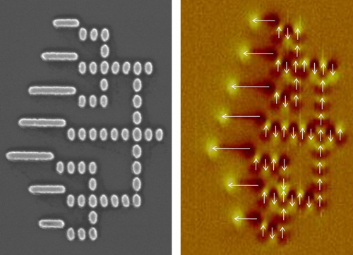 One nanoelectronics approach studied by the NRI MIND center is nanomagnet logic (NML)--logic circuits that work by magnetic coupling between neighboring nanoscale magnets. Here, SEM (l) and magnetic force microscope (r) images show an NML circuit that adds binary numbers. Credit: Courtesy SRC-NRI Midwest Institute for Nanoelectronics Discovery (MIND)