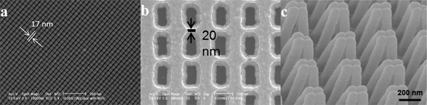 Figure 2. SEM images of three examples of applications of nanoimprint lithography: (a) a memristor crossbar circuit with a density of 100 Gbits/cm2, (b) an optical metamaterial that can be optically modulated at a relaxation time of 0.7 ps, and (c) highly sensitive chemical sensor based on 3-D nanostructures.