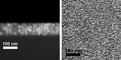 Efficient manufacture and optimized conductivity - Electron microscopy (cross-section, left, and facing view) shows an even distribution of indium titanium oxide nanocrystals essential for a highly conductive, transparent thin film. Credit: Sun Lab/Brown University
